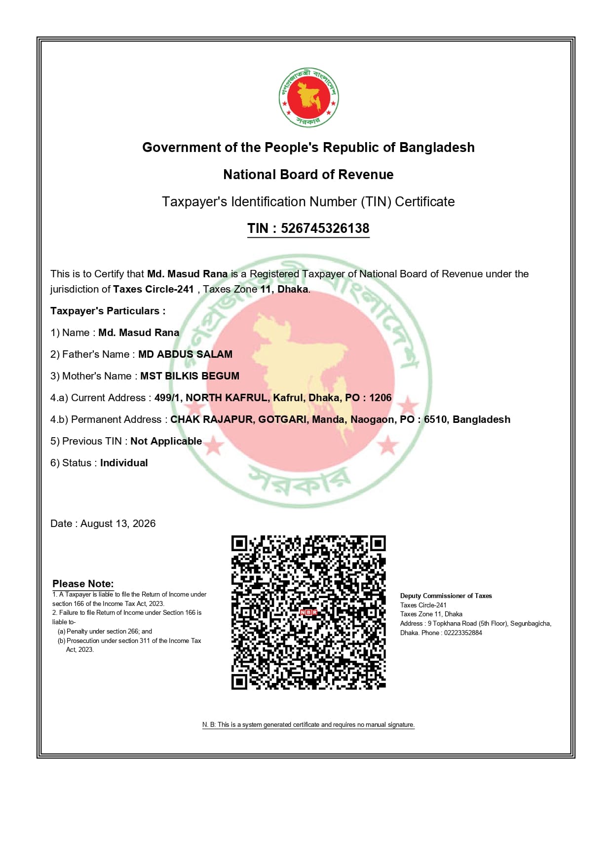 TIN Certificate